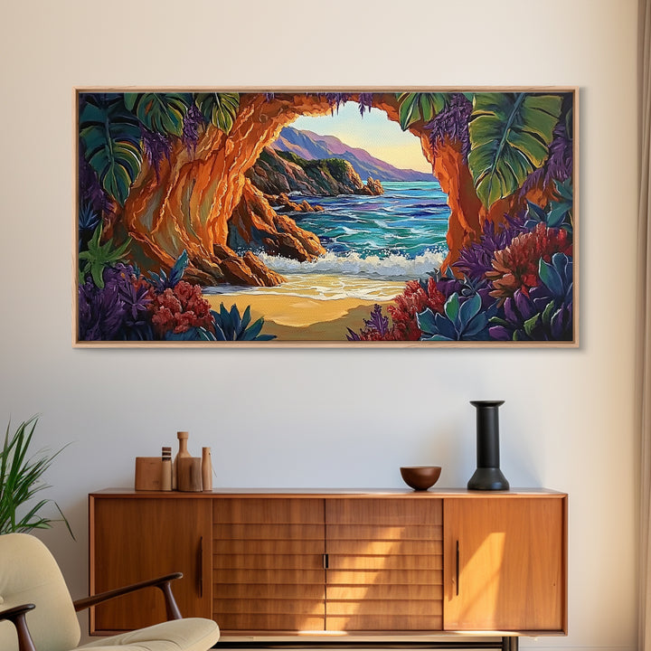 Cave, Beach, Jungle, Ocean, Canvas Print, Coastal jungle scene, tropical beach view, living room or entryway boho wall decor