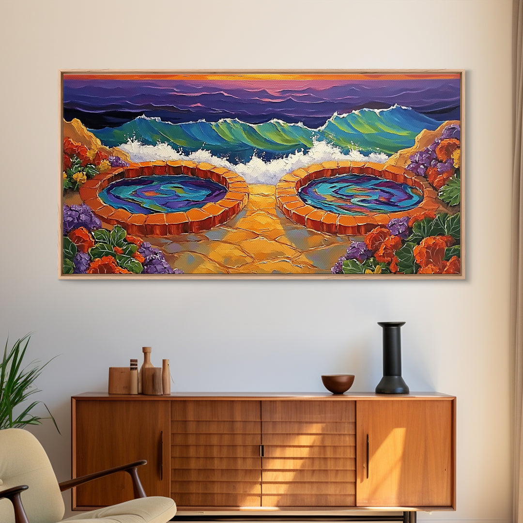 Hot Tubs, Ocean, Sunset, Waves, Framed Canvas Print, Seaside spa art, whimsical coastal print, boho beach bathroom art, spa decor