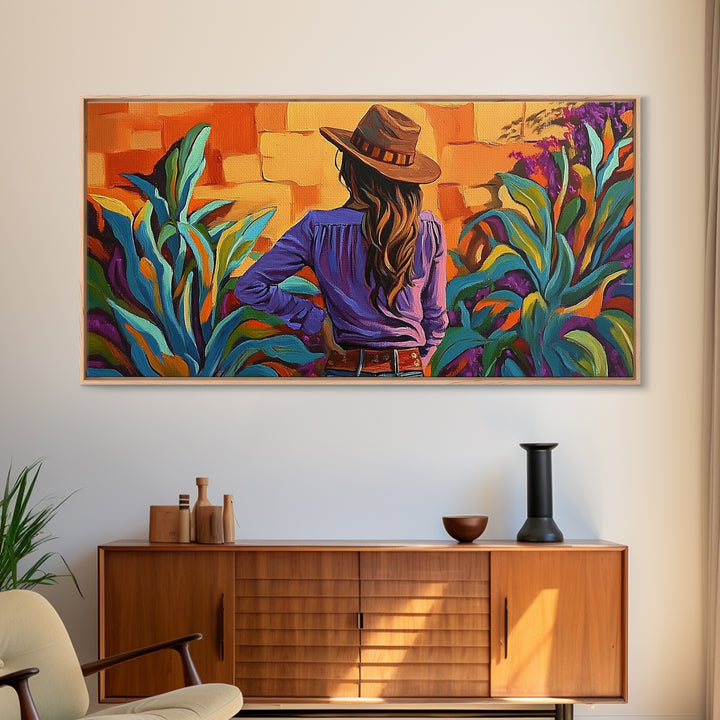 Cowgirl Desert, Vibes, Art, Framed Canvas Print, Western woman cactus wall art, rustic country home decor, southwestern living room