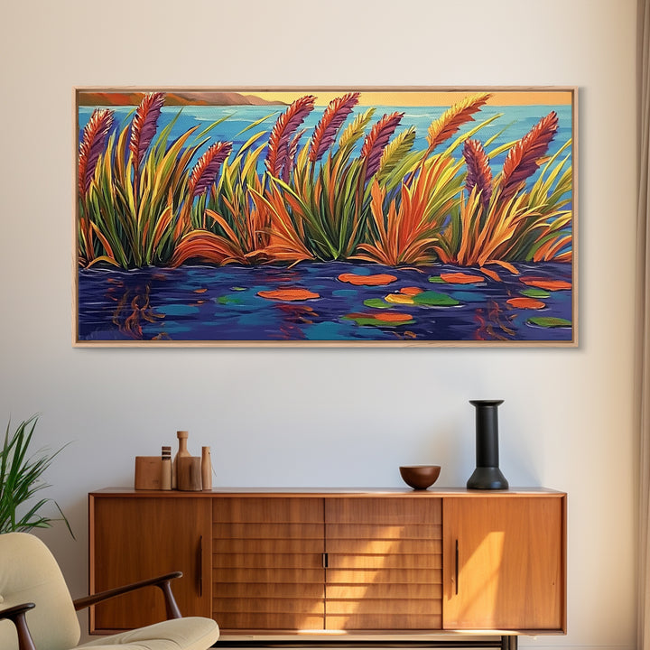 Autumn Lakeside, Grasses, Art, Framed Canvas Print, Fall coastal reed painting, rustic harvest decor, nature print, living room wall