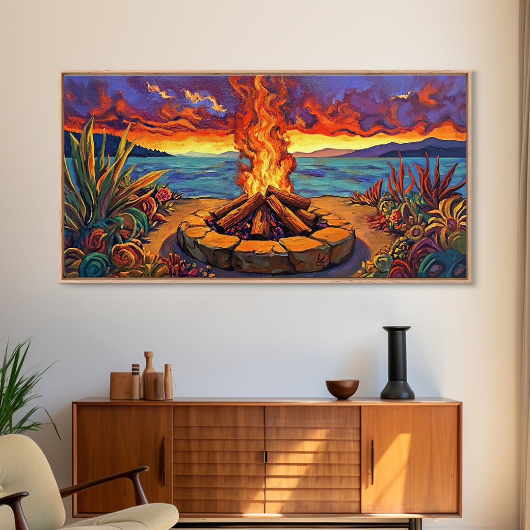 Campfire Desert, Sunset, Fiery Skies, bold landscape Canvas Print, autumn outdoor art, cozy rustic living room wall décor