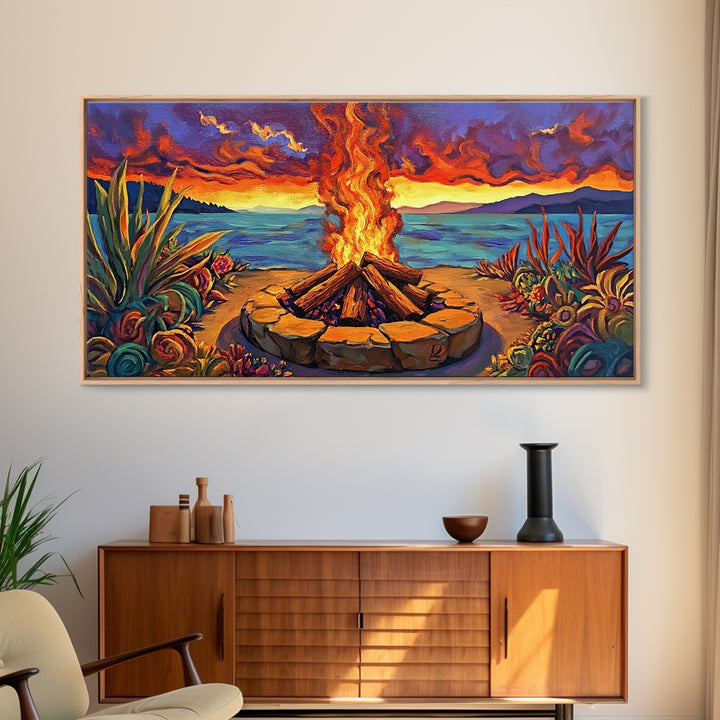 Campfire Desert, Sunset, Fiery Skies, bold landscape Canvas Print, autumn outdoor art, cozy rustic living room wall décor