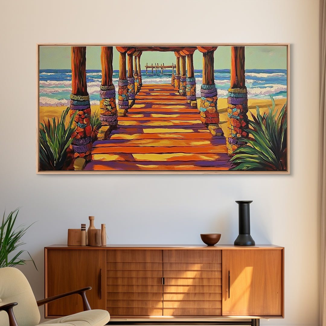 Pier Beach, Sunset, Vibrant, Canvas Print tropical coastal wall art, beach hallway decor, ocean waves painting, summer home artwork
