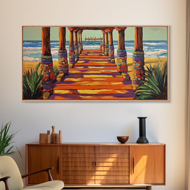 Pier Beach, Sunset, Vibrant, Canvas Print tropical coastal wall art, beach hallway decor, ocean waves painting, summer home artwork