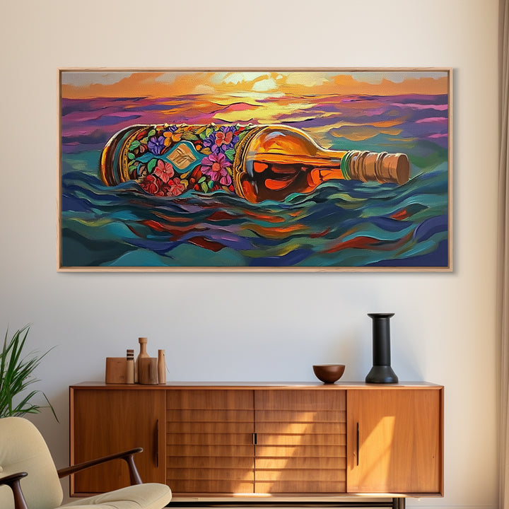 Bottle Ocean, Sunset, Flowers, Framed Canvas Print tropical beach bathroom decor, coastal boho wall art, floral message bottle painting