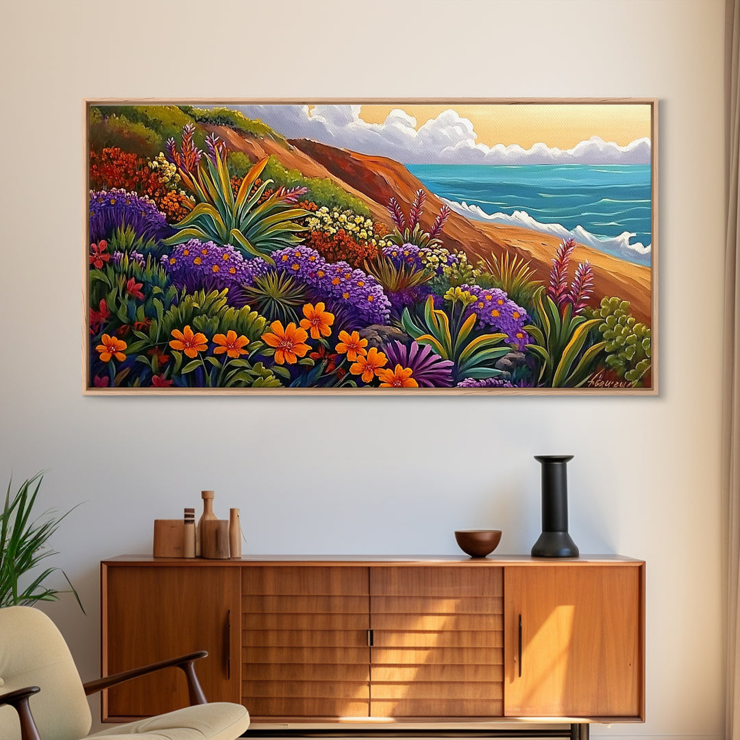 Coastal Floral, Landscape Painting, Canvas Print, vibrant beach flowers, ocean view wall decor, boho style Living Room Wall Art