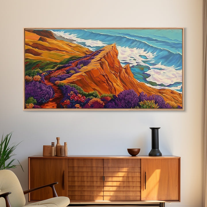 Cliff Flowers, Ocean Horizon, Framed Canvas Print, bold floral bluff, coastline scene, vibrant scenic Kitchen Wall Art, boho decor