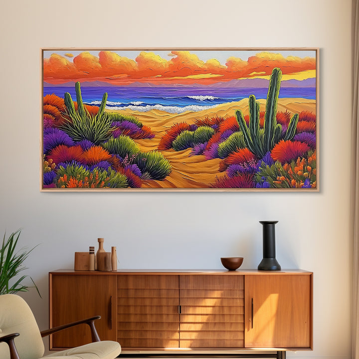 Cactus Sunset, Desert Painting, Framed Canvas Print, vibrant desert coastline, colorful flora, boho ar,t Southwest Style Entryway