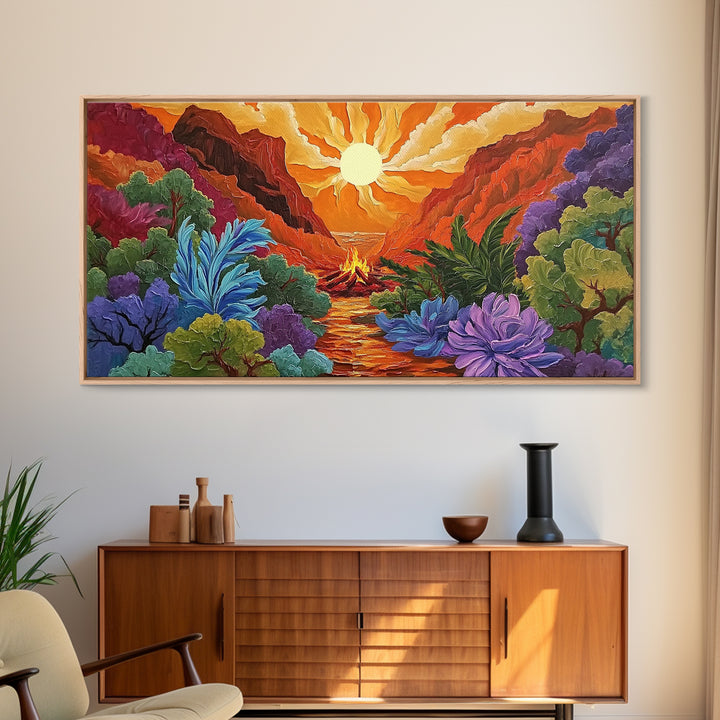 Campfire Valley, Sunset, Vivid Sky, bright forest Canvas Print, fall nature decor, bold boho fire painting, cozy cabin wall art