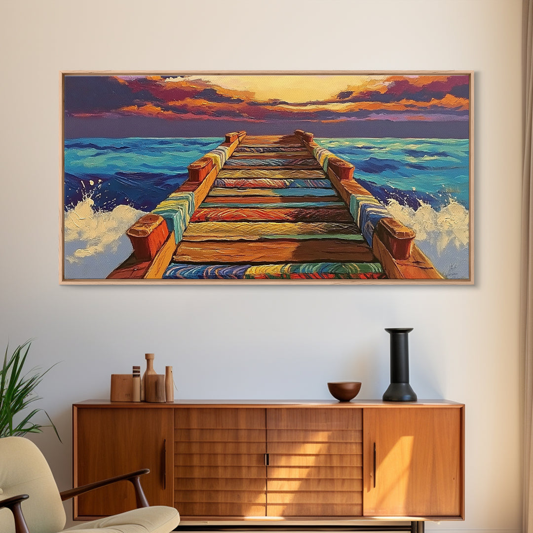 Ocean Pier, Sunset Seascape, Beach House Art, Rustic Dock, Nautical Wall Art, Colorful Painting, Coastal Landscape, Canvas Print