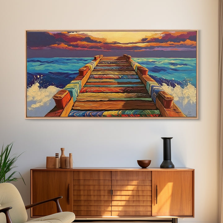 Ocean Pier, Sunset Seascape, Beach House Art, Rustic Dock, Nautical Wall Art, Colorful Painting, Coastal Landscape, Canvas Print