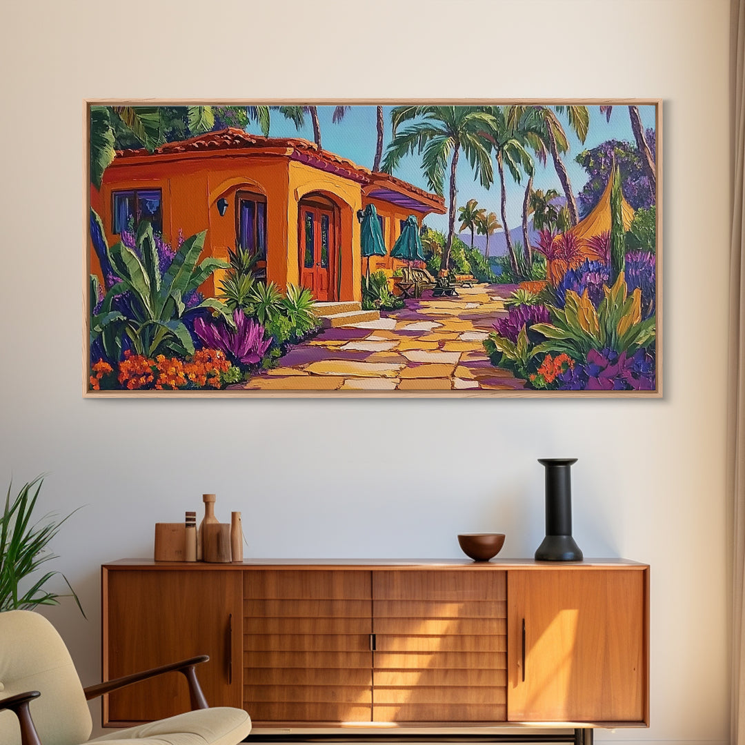 Villa, Palm Trees, Pathway, Lush Garden, warm tropical Canvas Print, boho patio decor, summer bungalow living room wall art