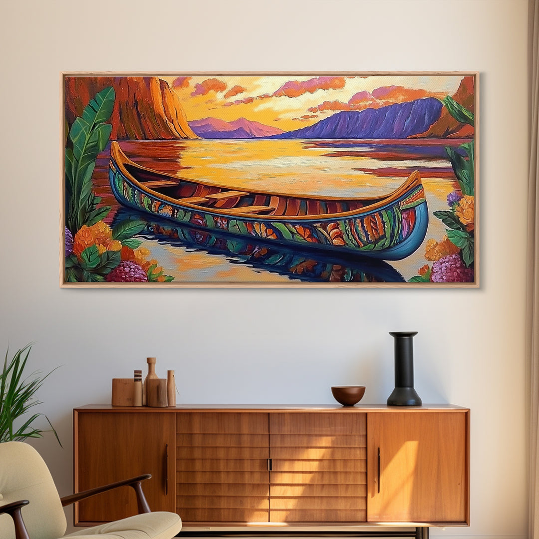 Canoe Tropical, Sunset Reflections, Serene Waters, exotic island Framed Canvas Print, tranquil boho decor, lakehouse wall art
