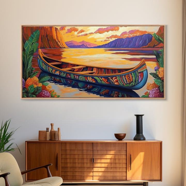 Canoe Tropical, Sunset Reflections, Serene Waters, exotic island Framed Canvas Print, tranquil boho decor, lakehouse wall art