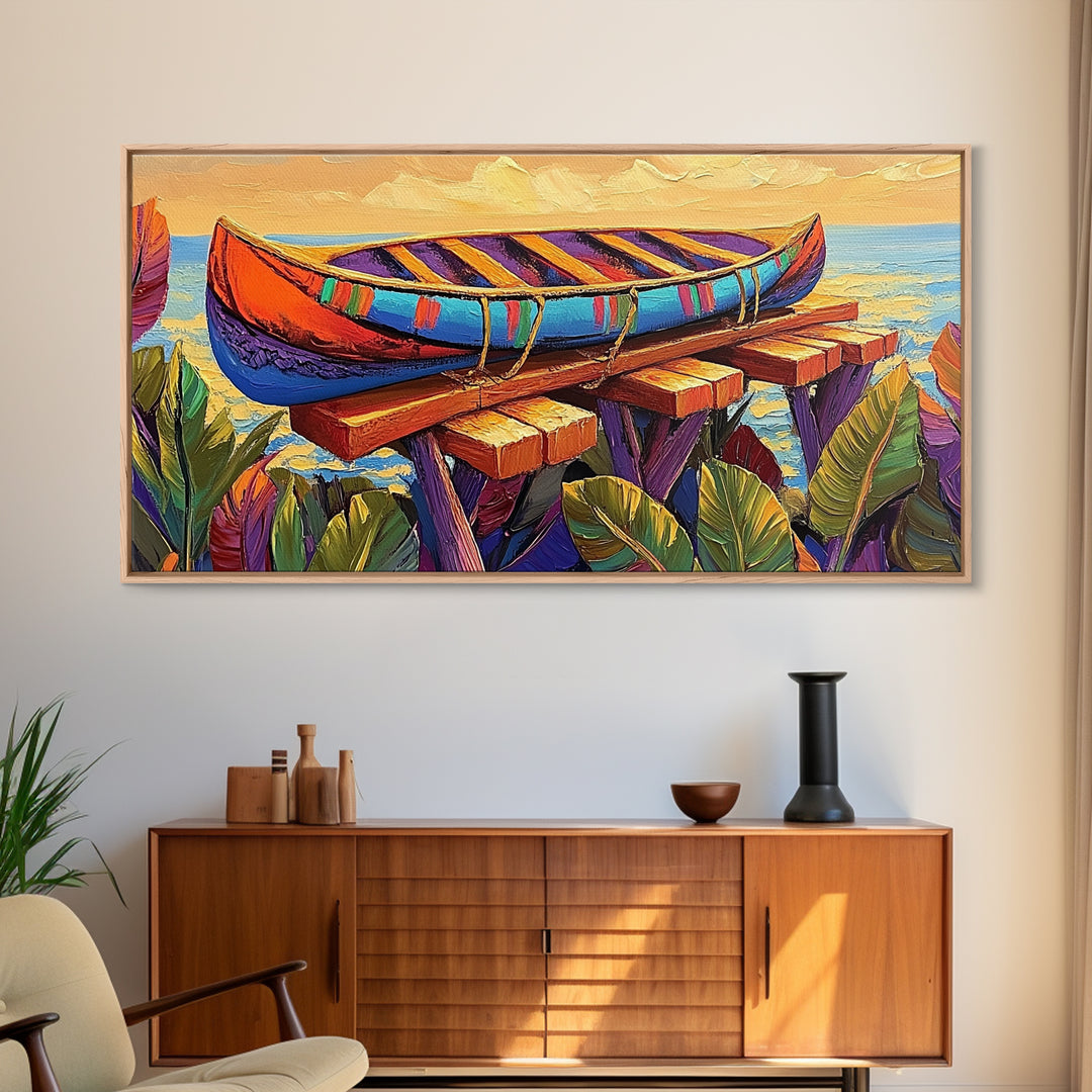 Canoe Dock, Ocean, Bold Palette, vibrant tropical Canvas Print, nautical boho art, playful beach house wall decor, summer vibes