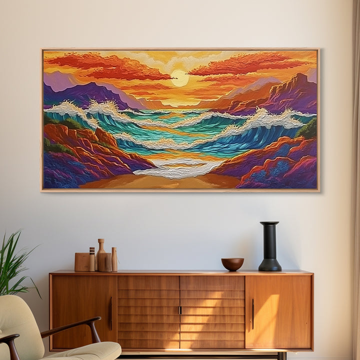 Coastal Sunset, Crashing, Waves, Canvas Print bold seascape painting Living Room Wall Art tropical ocean wall decor beach house style