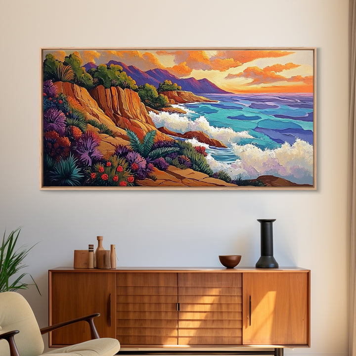 Ocean Cliffside, Sunset, View, Framed Canvas Print vibrant coastal nature artwork Living Room Wall Art beach house boho wall decor