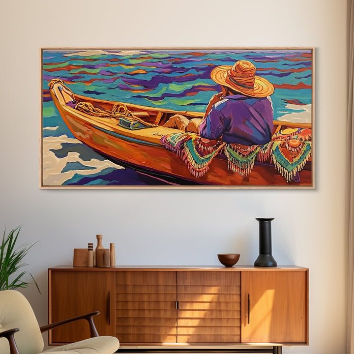 Boat Fisherman, Serene, Waters, Canvas Print colorful coastal life art Office Wall Art tropical ocean boho decor relaxed living