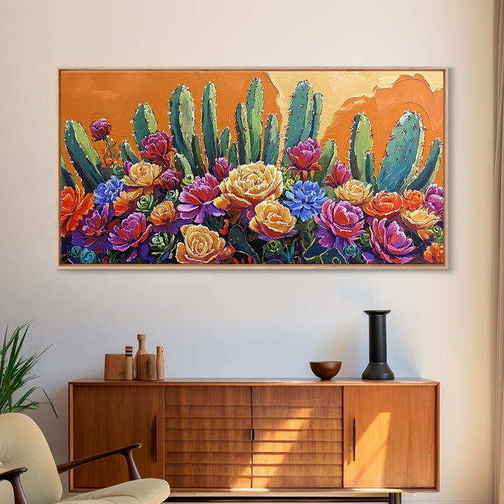 Cactus Flower, Bloom, Garden, Framed Canvas Print desert botanical artwork Kitchen Wall Art boho floral art vibrant home accent