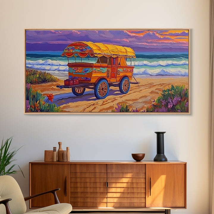 Beach Wagon, Sunset, Nostalgia, Canvas Print vintage coastal travel art Living Room Wall Art boho beach scene summer home vibe