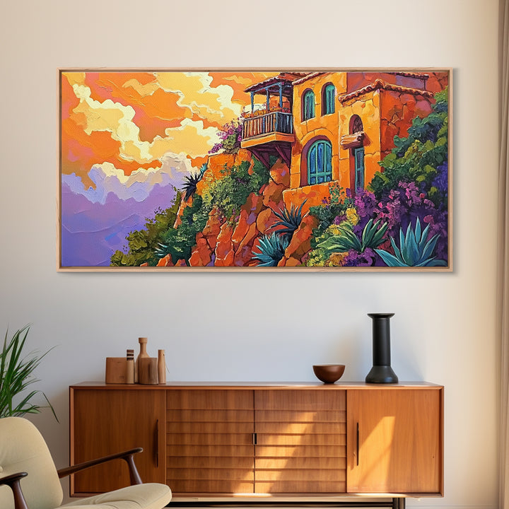 Cliffside House, Sunset, View, Desert boho mountain house, colorful Canvas Print, living room wall art, dramatic sky landscape painting