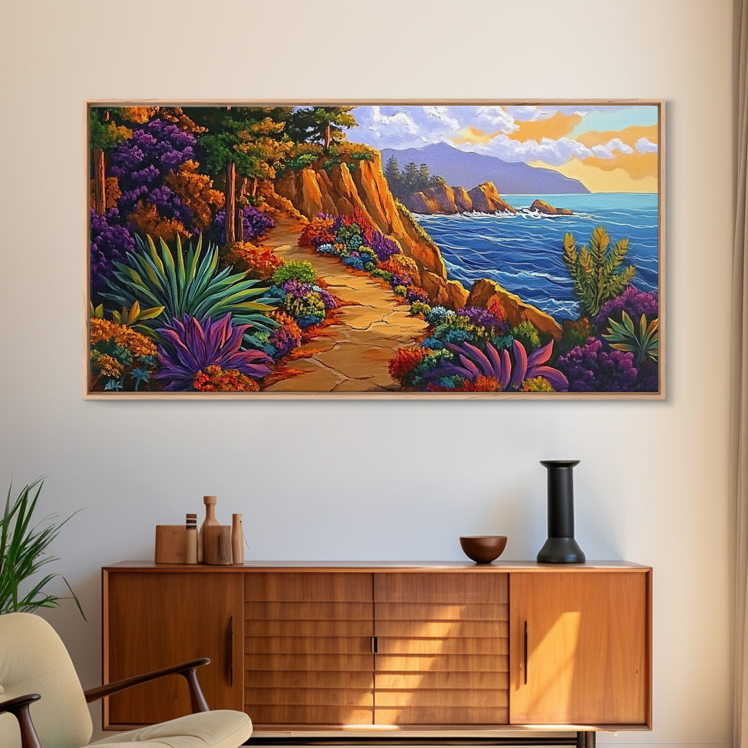 Pathway Ocean, Flowers, Escape, Coastal trail wall art, vibrant Canvas Print, bedroom nature painting, colorful California coast style