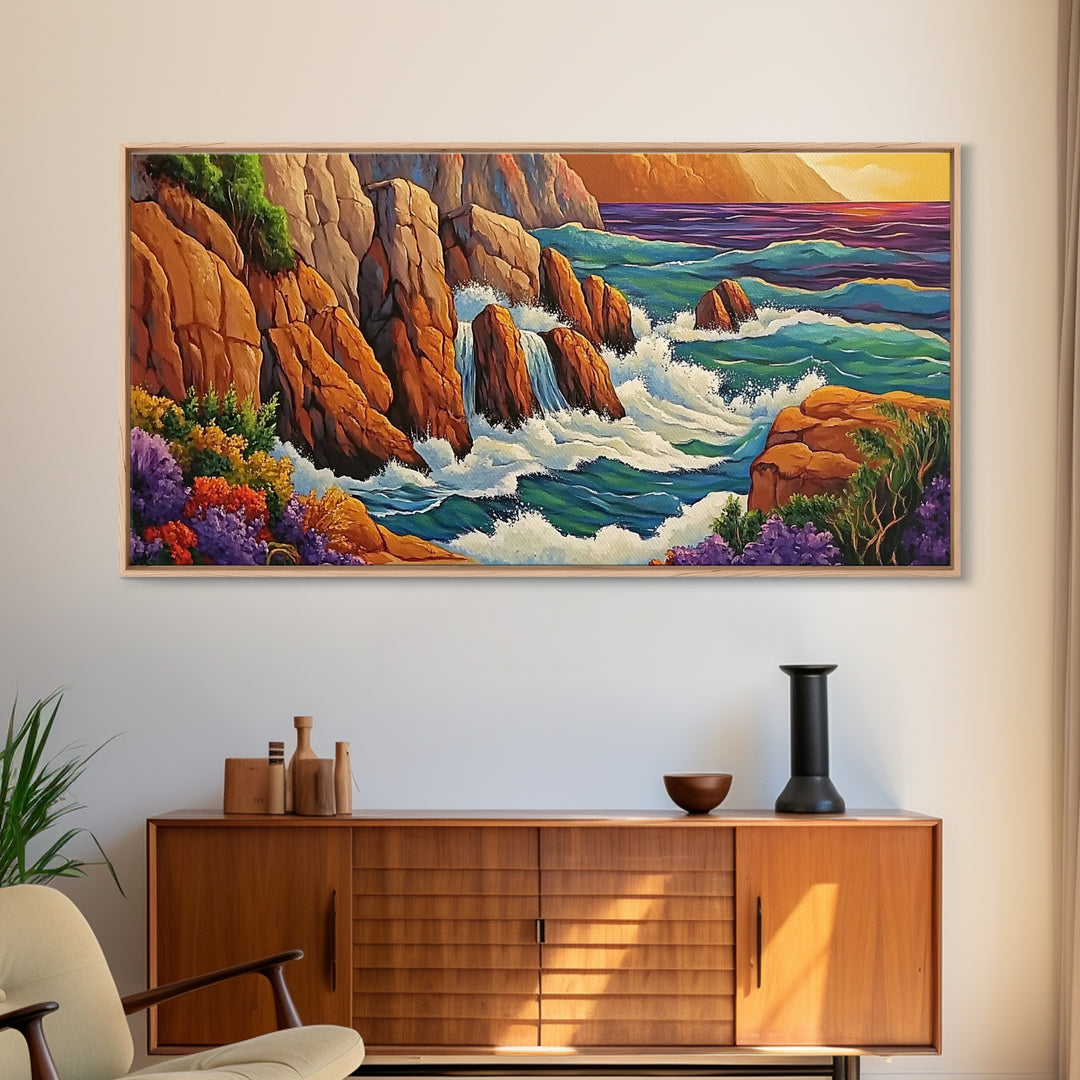 Rocks Waves, Sea, Energy, Dramatic cliff seascape Canvas Print, living room wall art, bold ocean decor, coastal energy painting