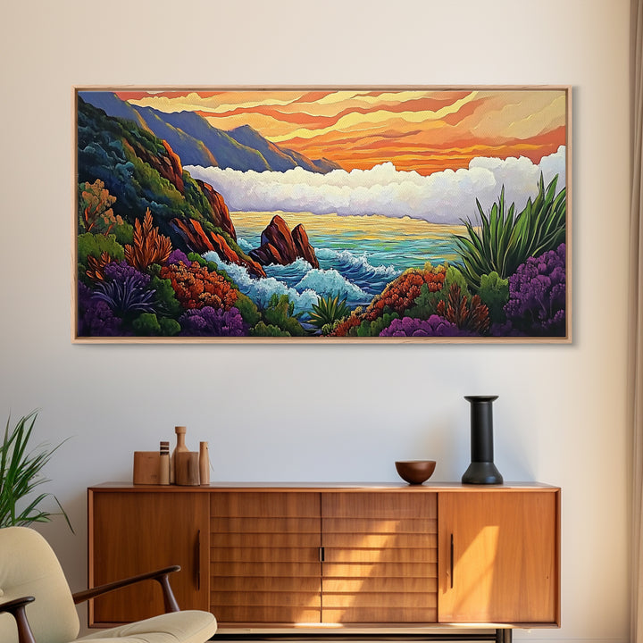 Ocean Sunset, Hills, Tropical, Serene beach Canvas Print, tropical landscape wall art, calming sunset painting, living room boho decor