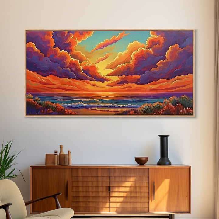 Sunset Ocean, Sky, Framed Canvas Print, Vibrant sunset ocean wall decor, clouds seascape painting, Living Room Wall Art, boho art