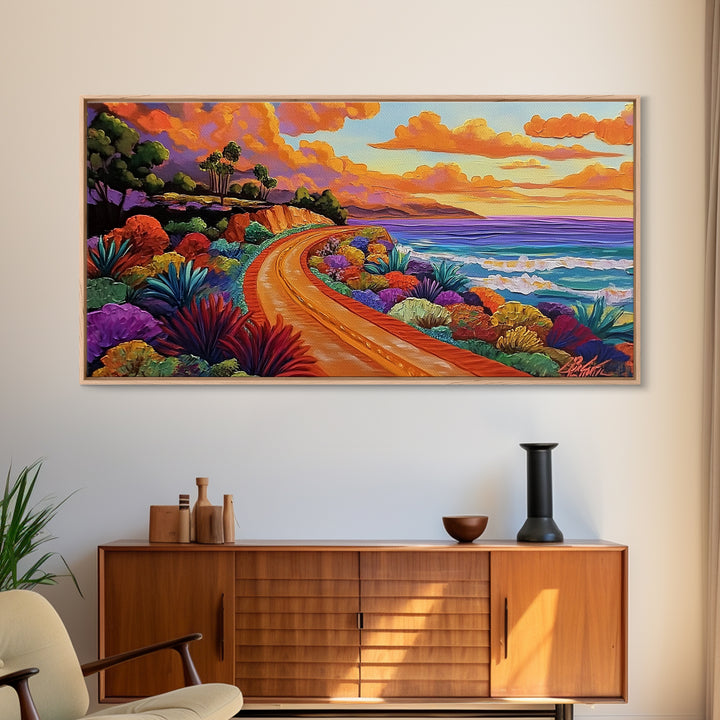 Coastal Train, Sunset, Framed Canvas Print, Vibrant coastal sunset railway painting, Colorful beachscape boho art, Hallway Wall Art