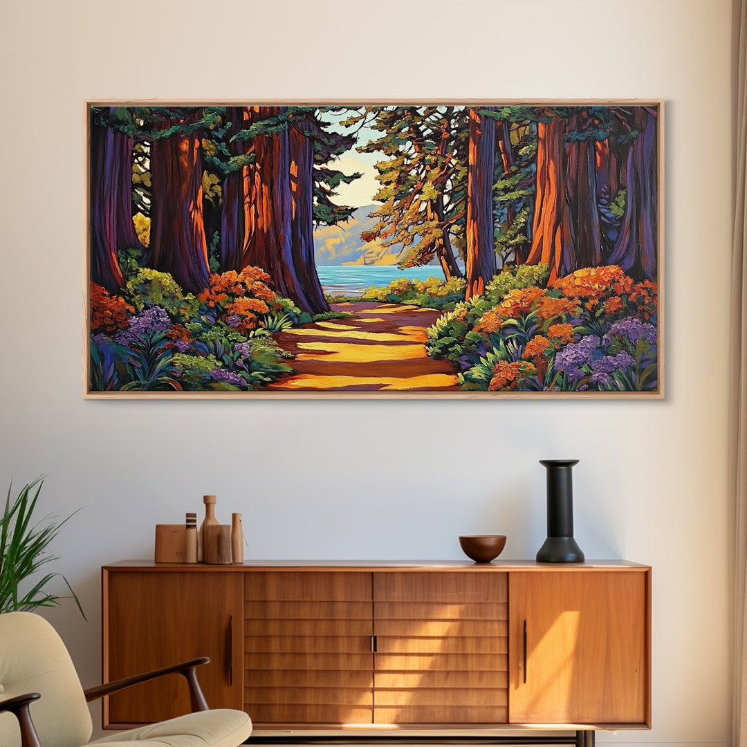 Forest Path, Ocean, Framed Canvas Print, Redwood forest trail to ocean scene, Nature inspired art, Rustic Living Room Wall Art