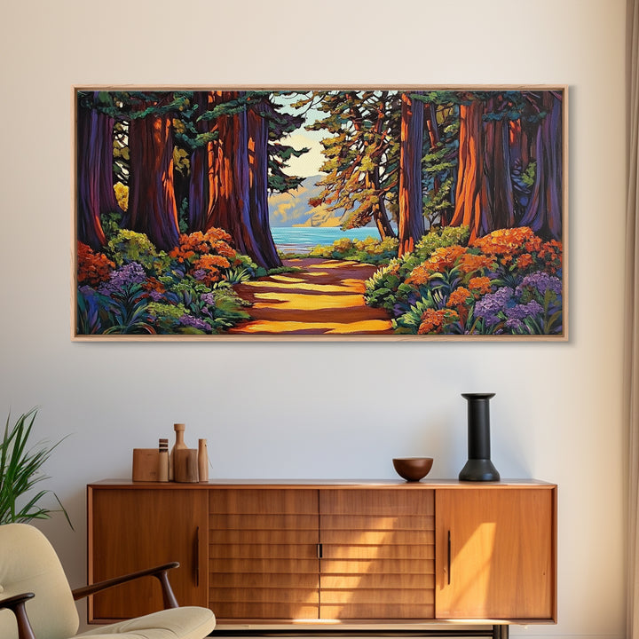 Forest Path, Ocean, Framed Canvas Print, Redwood forest trail to ocean scene, Nature inspired art, Rustic Living Room Wall Art