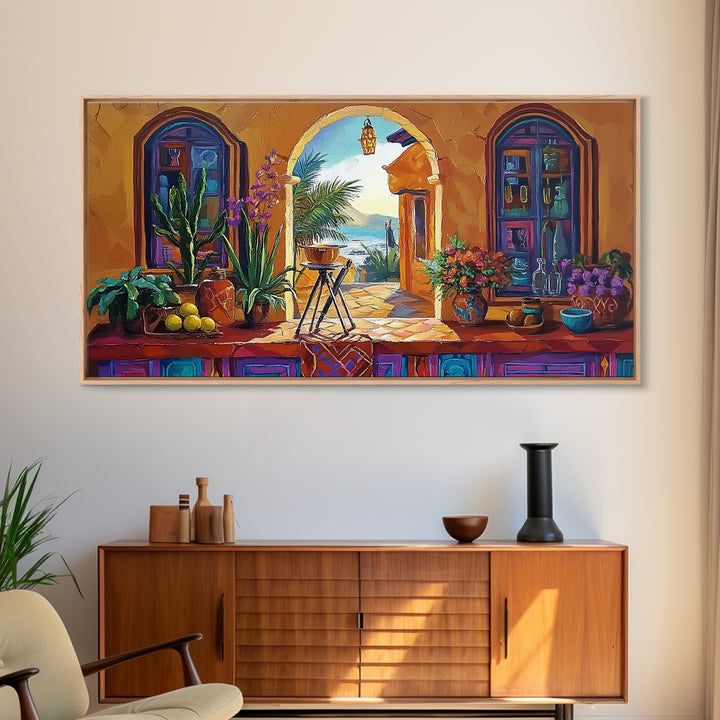 Archway Ocean, Tropical, Framed Canvas Print, Colorful tropical patio view through arch, Mexican coastal decor, Dining Wall Art