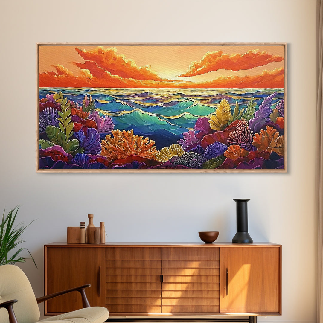Coral Ocean, Sunset, Framed Canvas Print, Underwater coral reef at sunset painting, Ocean lover gift idea, Coastal Spa Wall Art