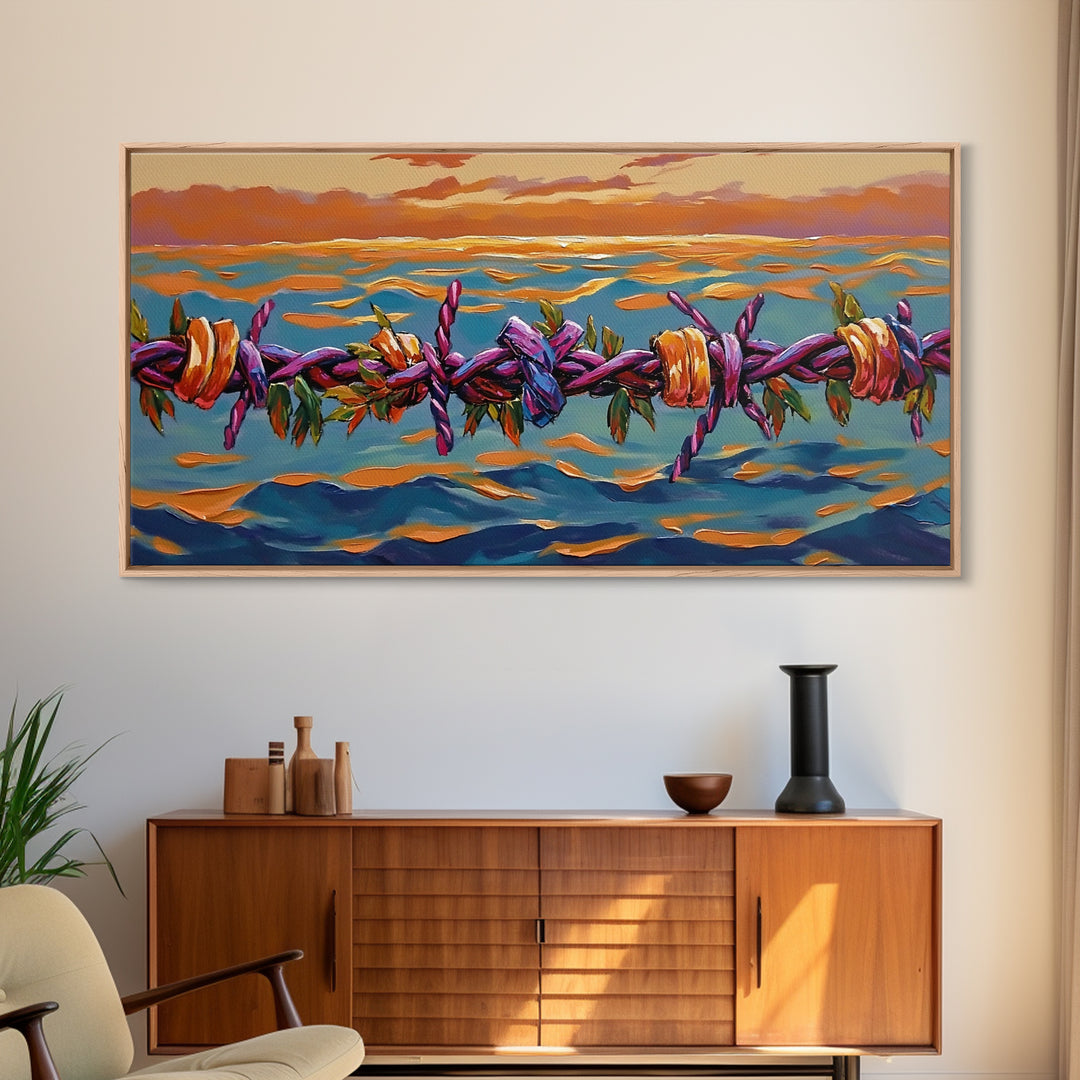 Barbed Sunset, Ocean, Framed Canvas Print, Symbolic Ocean Barbed Wire Art, Modern Sunset Expressionist Decor, Unique Office Wall Art