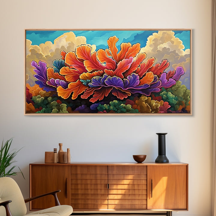 Coral Bloom, Ocean, Framed Canvas Print, Abstract blooming coral reef under dreamy sky painting, Modern Coastal Decor, Bedroom Wall Art