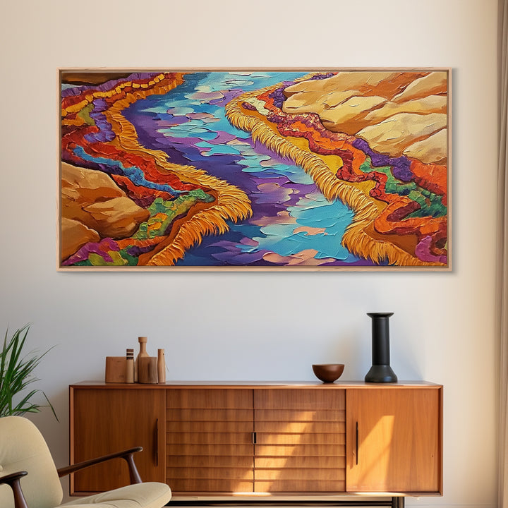 River Abstract, Color, Framed Canvas Print, Textured abstract river canyon painting, Desert Vibe Landscape Art, Hallway Wall Art