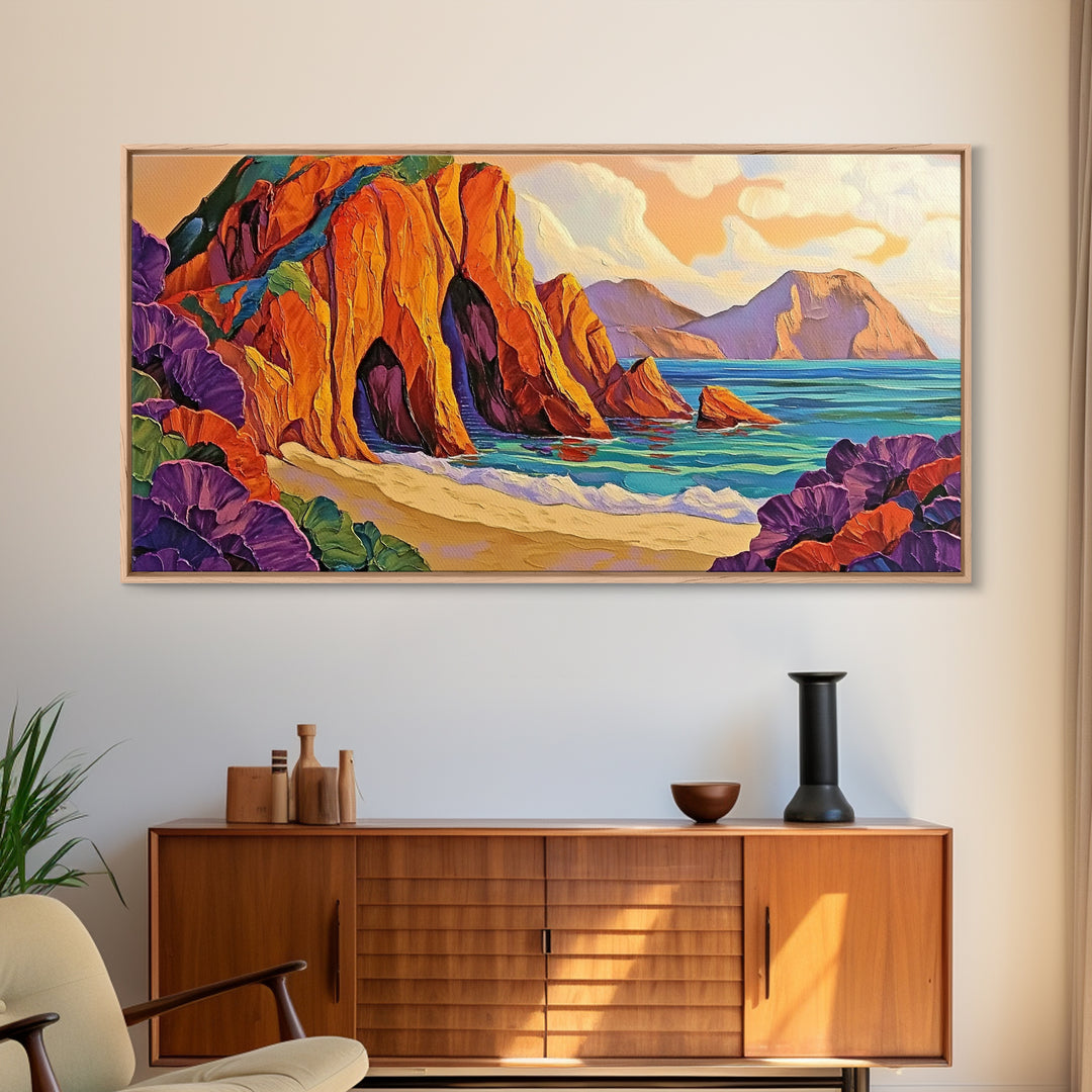 Cliffs Beach, Ocean, Framed Canvas Print, Bold textured coastal cliffs and ocean view painting, Vibrant Summer Decor, Kitchen Wall Art