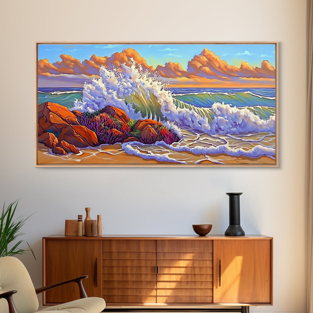 Rocks Waves, Sky, Framed Canvas Print, Majestic ocean wave crashing on rocks under golden clouds, Tropical Seascape, Coastal Living Room