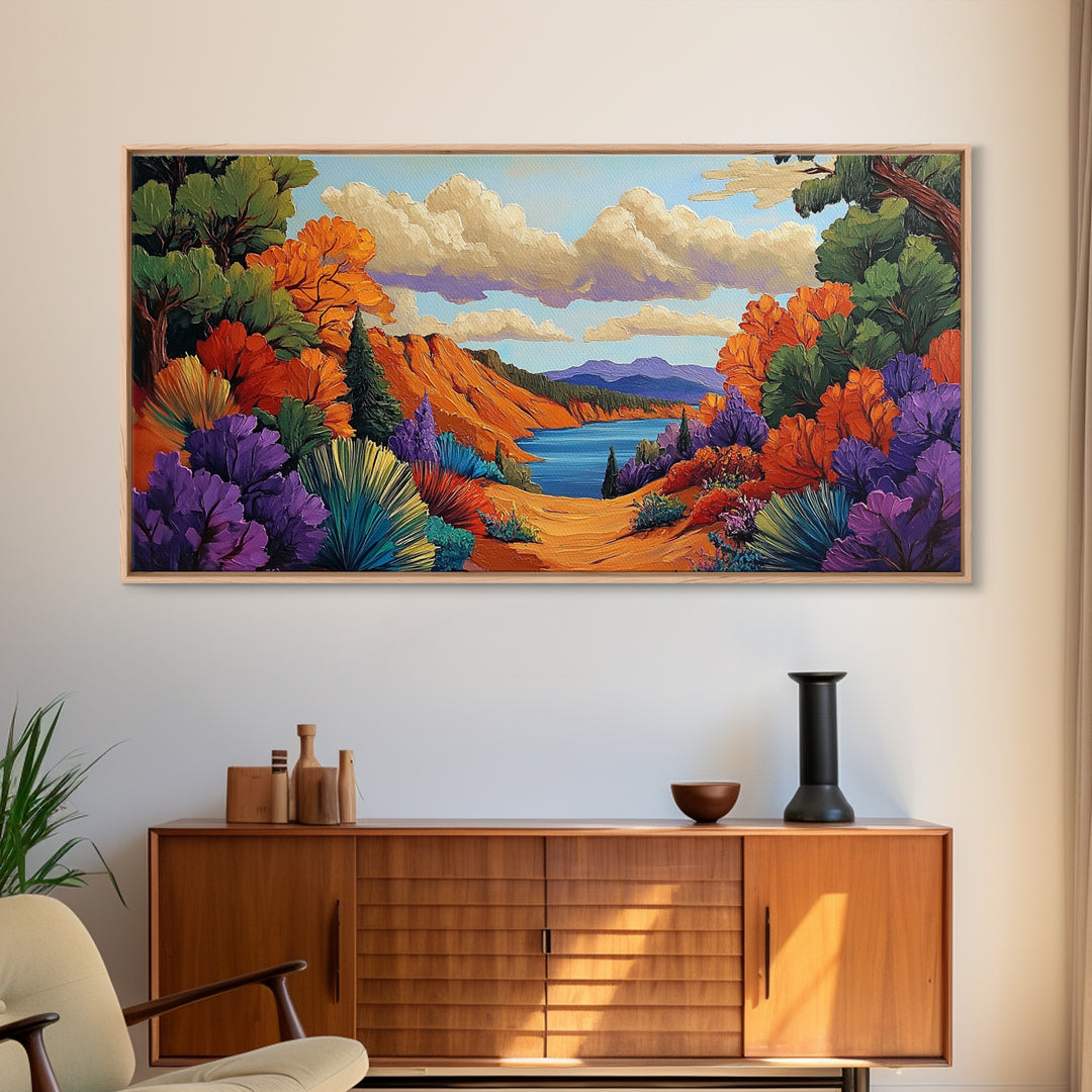 Autumn Lake, Path, Framed Canvas Print, Vibrant Fall forest trail leading to lake painting, Cozy Cabin Decor, Autumn Entryway Art