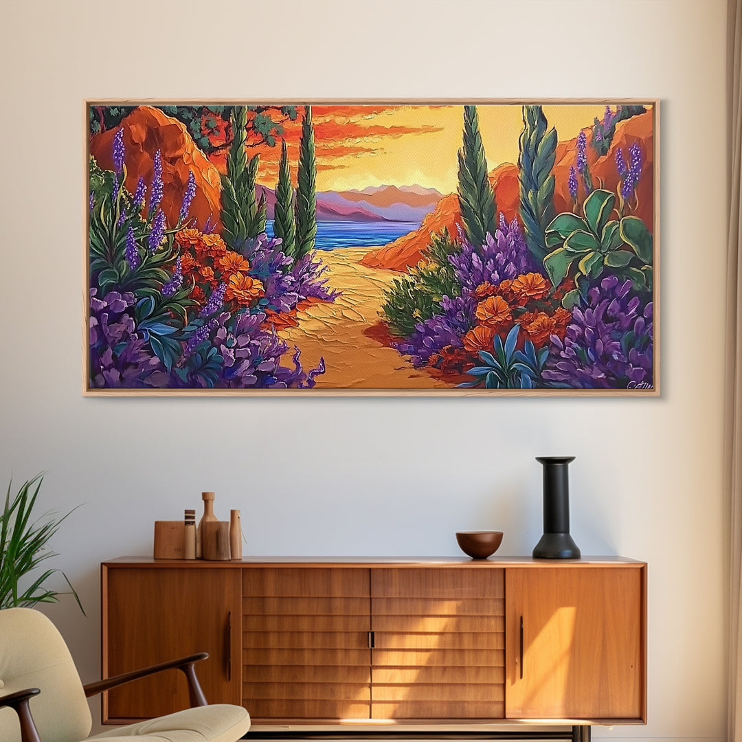Pathway Sunset, Garden, Ocean, Canvas Print, vivid coastal floral scene, entryway decor, sunset wall art, summer vibes painting