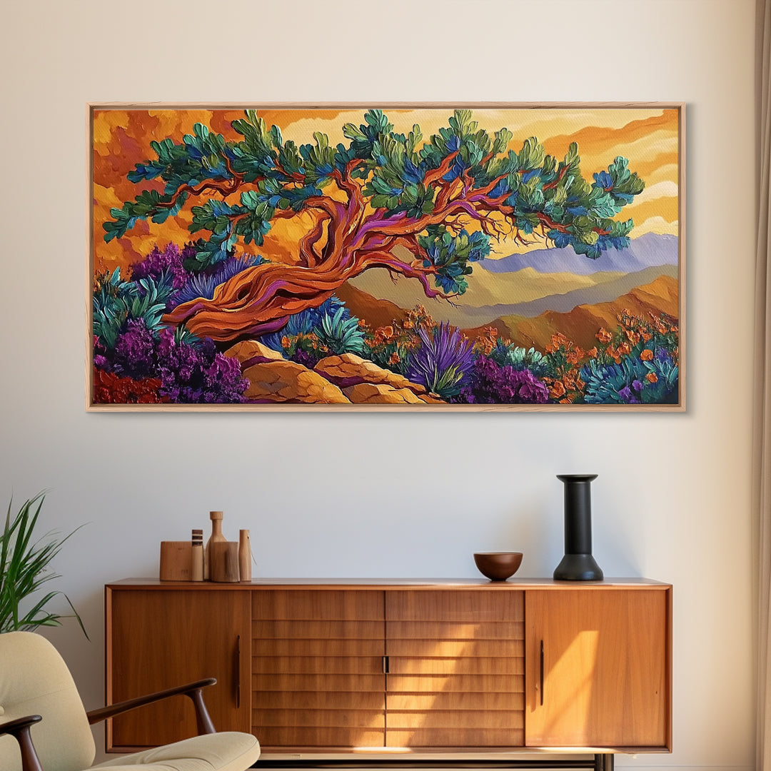 Tree Mountains, Sunset, Windswept, Canvas Print, expressive twisted pine painting, rustic boho decor, nature art, fall wall piece