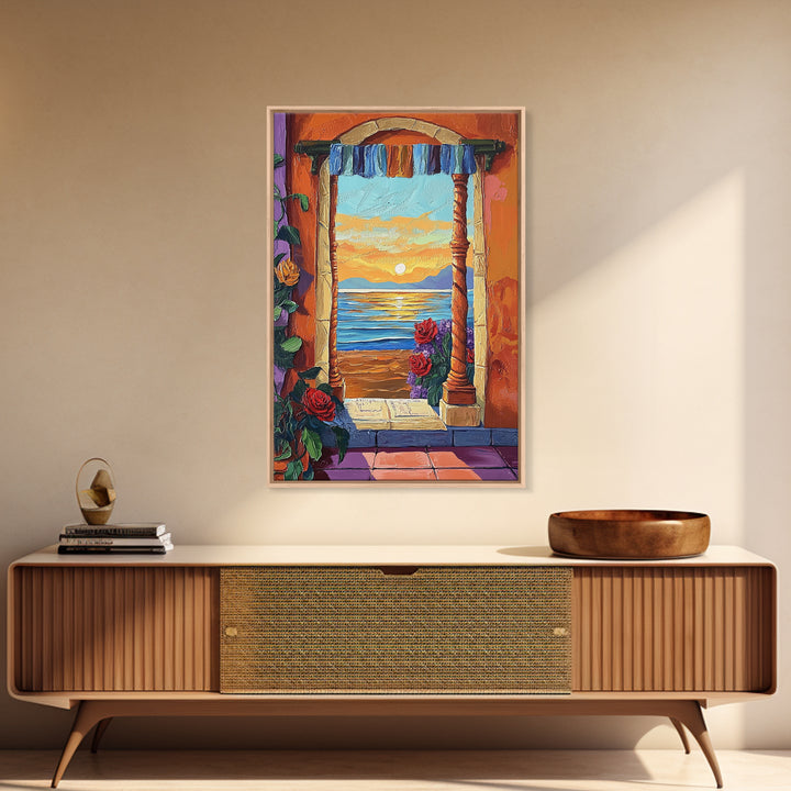 Doorway Sunset, Ocean, Romance, Canvas Print, Mediterranean seascape art, boho romantic wall decor, warm tones, Bedroom or Dining Room