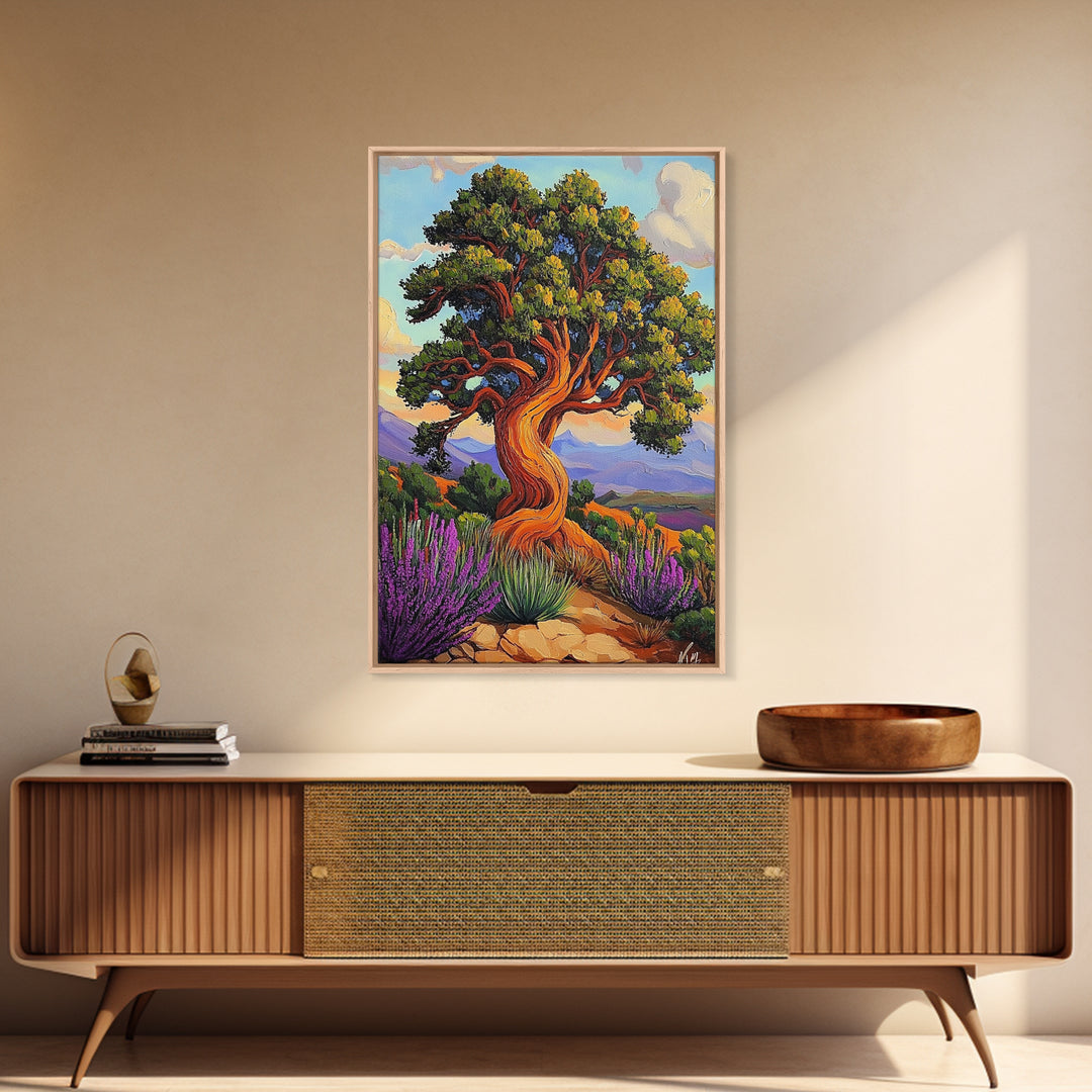 Tree Landscape, Nature, Autumn, Framed Canvas Print twisted pine tree painting, desert sunset landscape, nature wall decor, rustic boho art