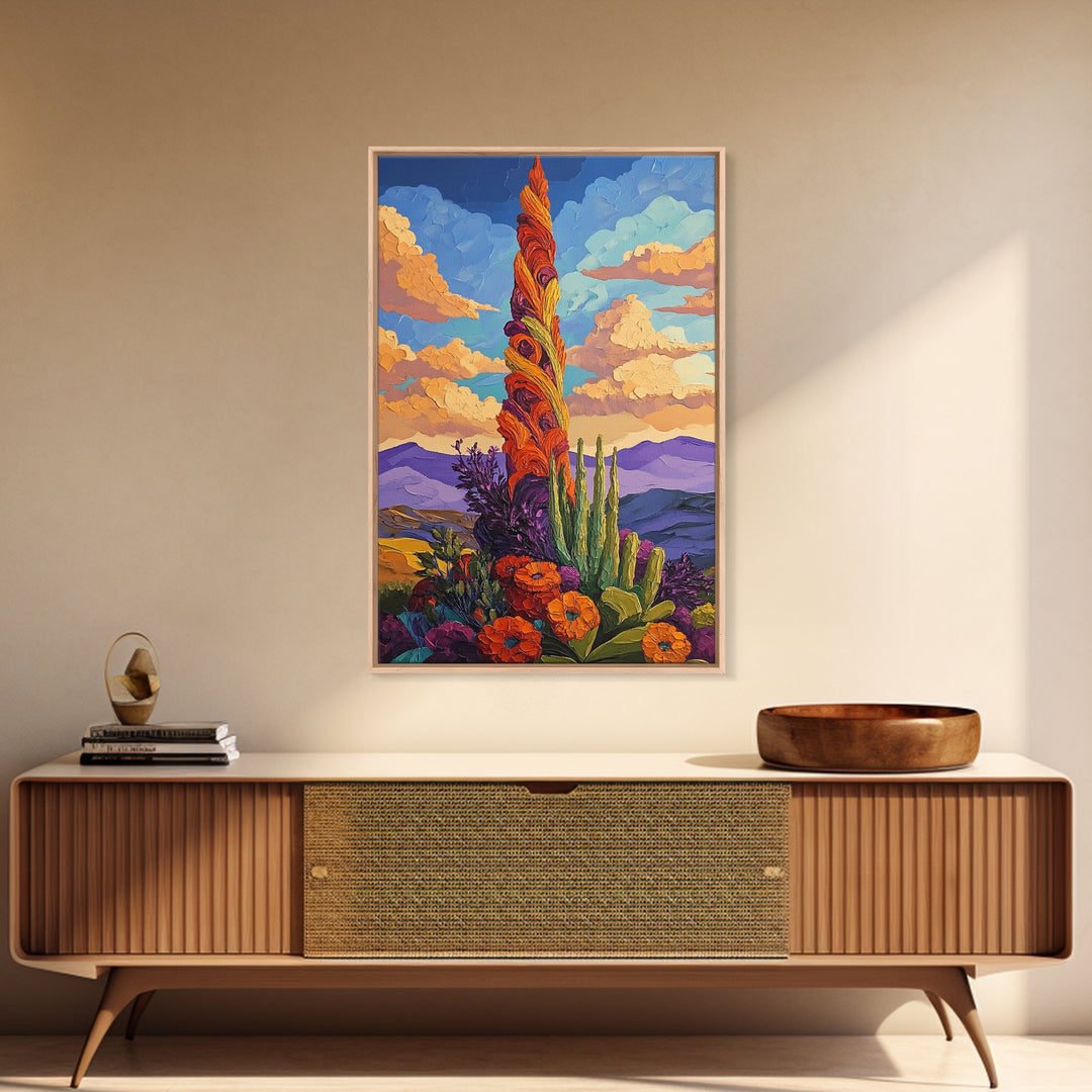 Cactus Bloom, Sunset, Desert, Canvas Print southwest desert flower art, blooming cactus painting, bright desert landscape, office decor