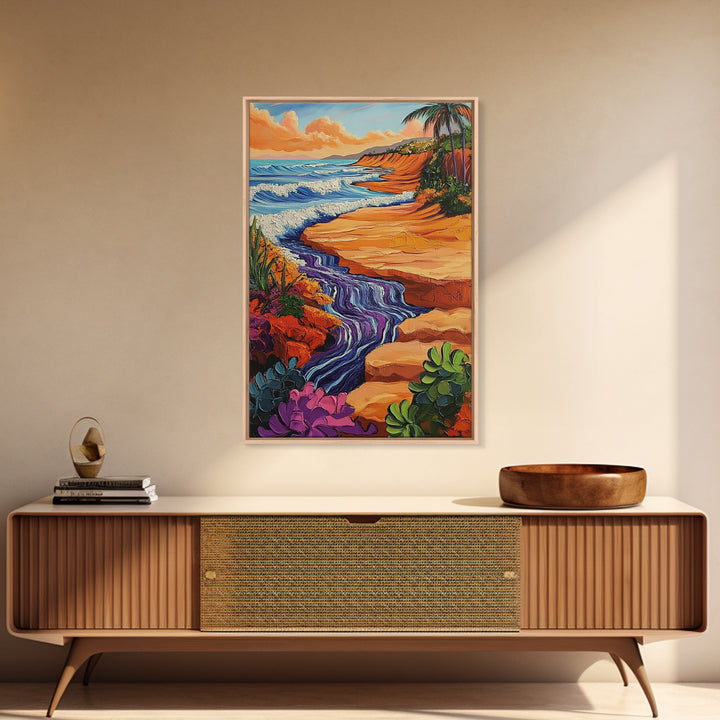 Beach Cliff, Waterfall, Sunset, Canvas Print bold beachside cliff art, ocean waterfall wall decor, coastal boho painting, living room print