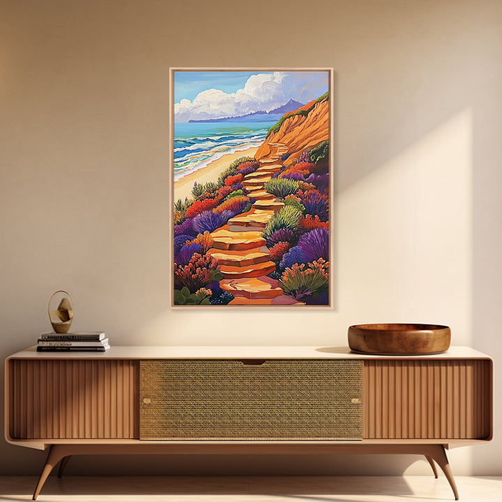 Ocean Trail, Bloom, Cliffside, Framed Canvas Print, Vibrant beach path painting, floral coastal art, boho landscape wall décor