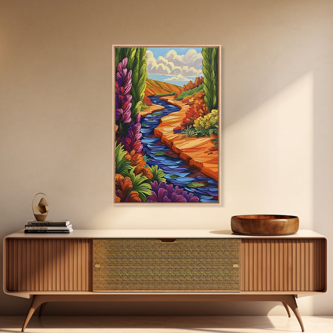River Canyon, Fall, Flowers, Framed Canvas Print, Autumn Nature Artwork, Cozy Cabin Decor, Warm Earth Tones, Living Room Wall Art