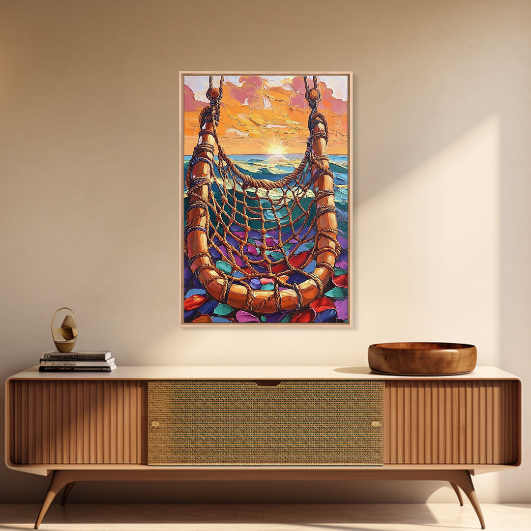 Ocean Hammock, Sunset, Boho, Framed Canvas Print dreamy hammock wall art, ocean sunset boho painting, coastal beach decor, patio art