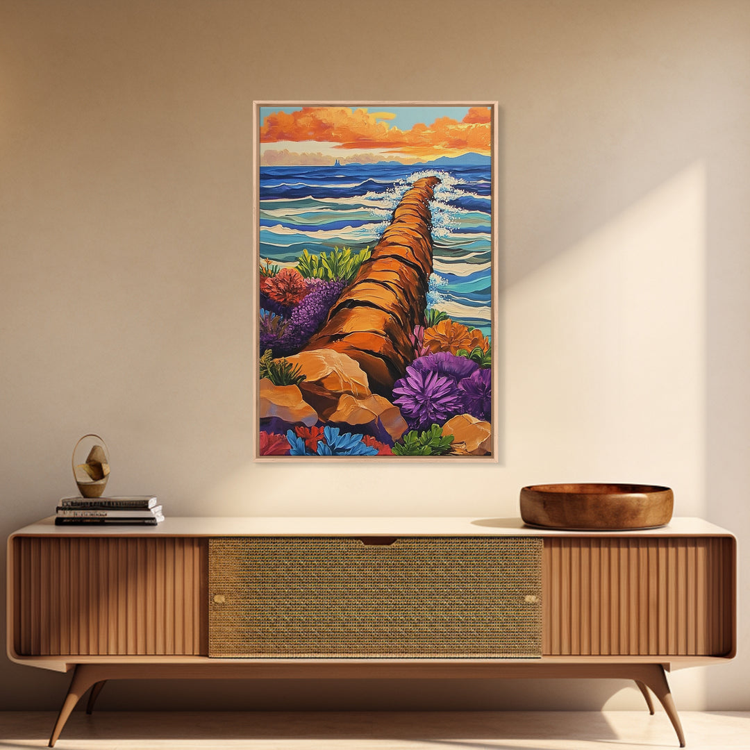 Ocean Path, Wildflowers, Shoreline, Framed Canvas Print coastal path wall art, ocean wildflower painting, beach garden style, hallway decor
